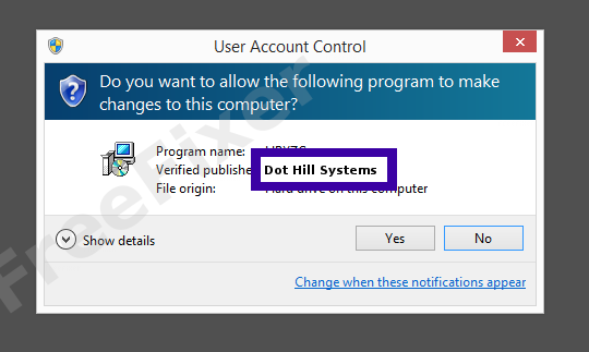 Screenshot where Dot Hill Systems appears as the verified publisher in the UAC dialog